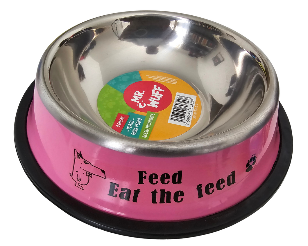 Plato para Perro Mr. Wuff - Acero Inoxidable (9 Onzas) - Rosa