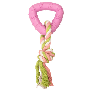 Juguete de caucho triángulo con cuerda de tejido apretado.