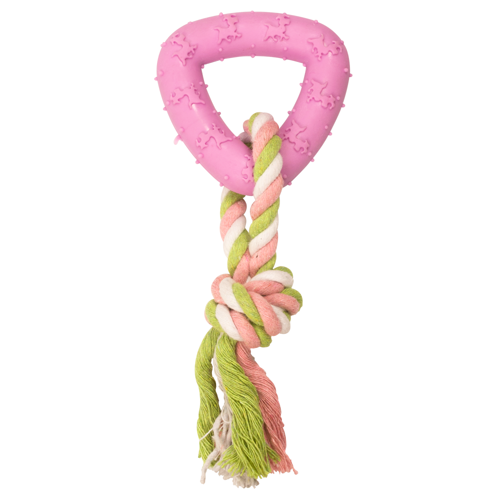Juguete de caucho triángulo con cuerda de tejido apretado.