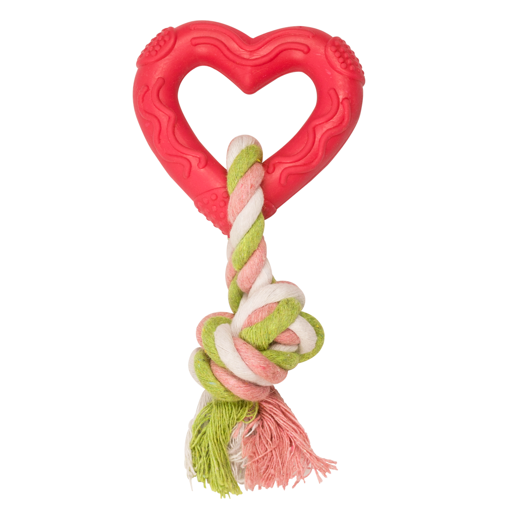 Juguete de caucho corazón con cuerda de tejido apretado
